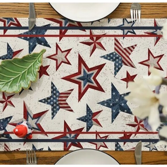 Table Runner 13x108in Woven Polyester Patriotic Stars USA Flag Red White & Blue - Picture 3 of 4